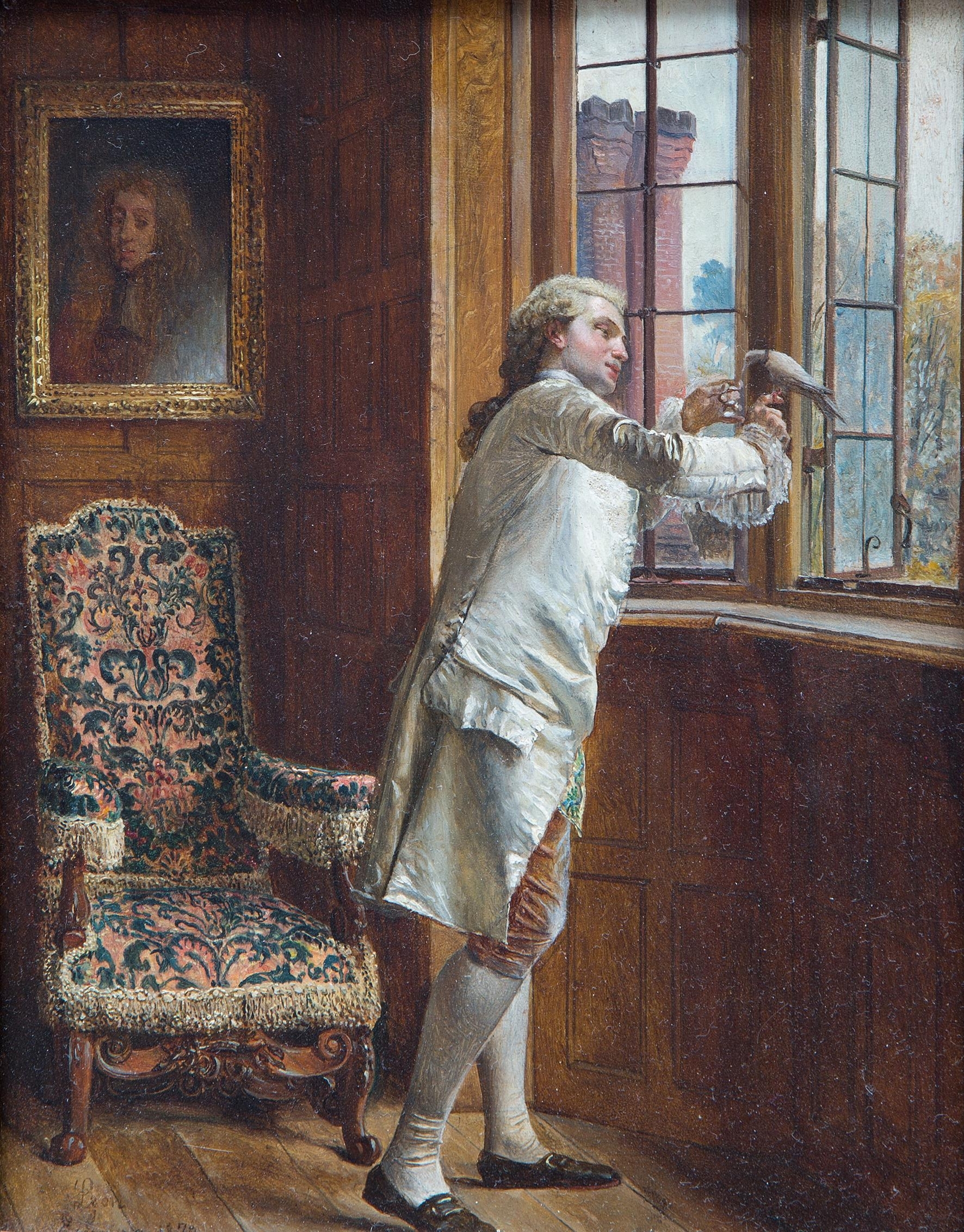 Detail of a gentleman in a white coat at the window holding a bird