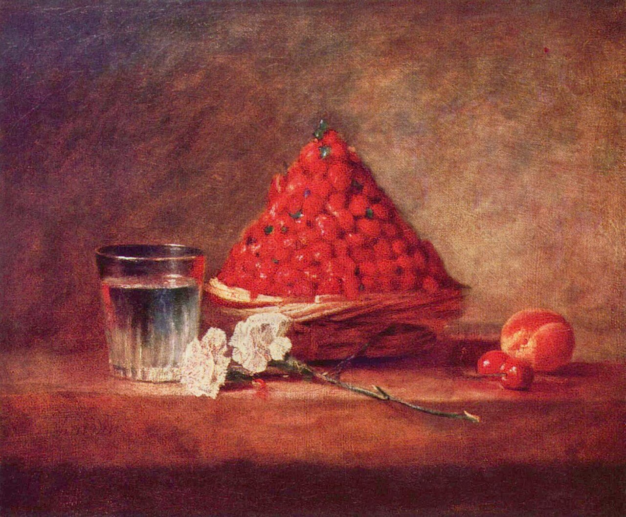 Still life of a desk with fruits and classical study