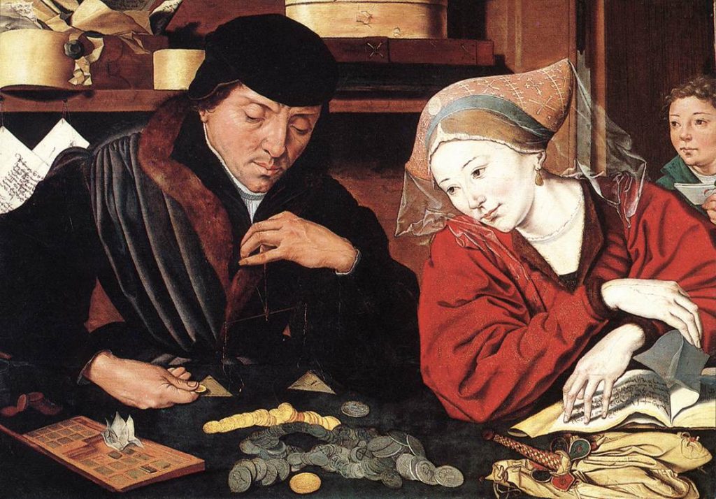 Marinus van Reymerswale — The Banker and His Wife weighing coins at a desk