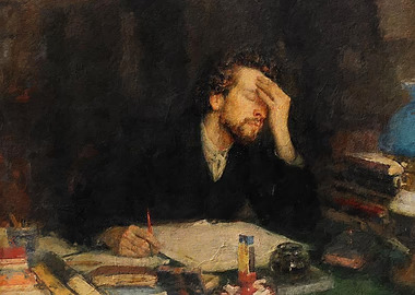 A writer holding his head at his desk surrounded by books and manuscripts